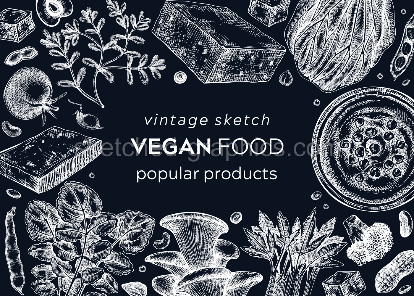 Vegan food sketched banner. Healthy food template on chalkboard. Middle eastern cuisine background. Hand-drawn vegan meals and ingredients for menu, recipe, and packaging design. Vegan food sketches Illustration